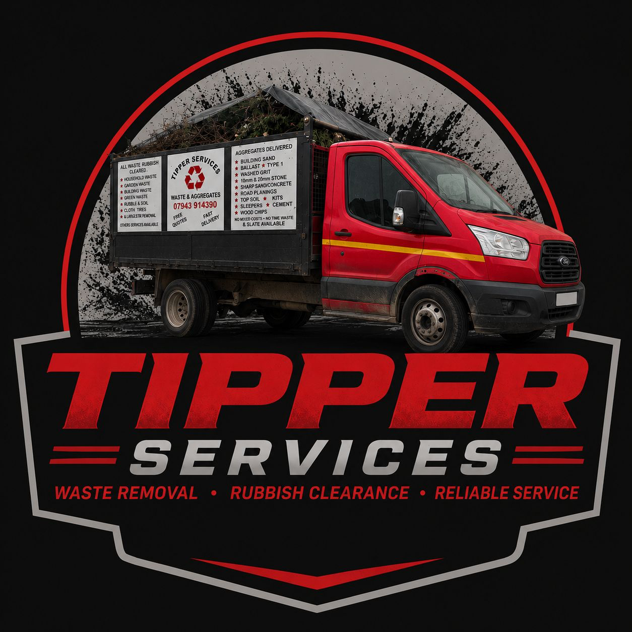 Tipper Services — red tipper truck loaded with garden waste